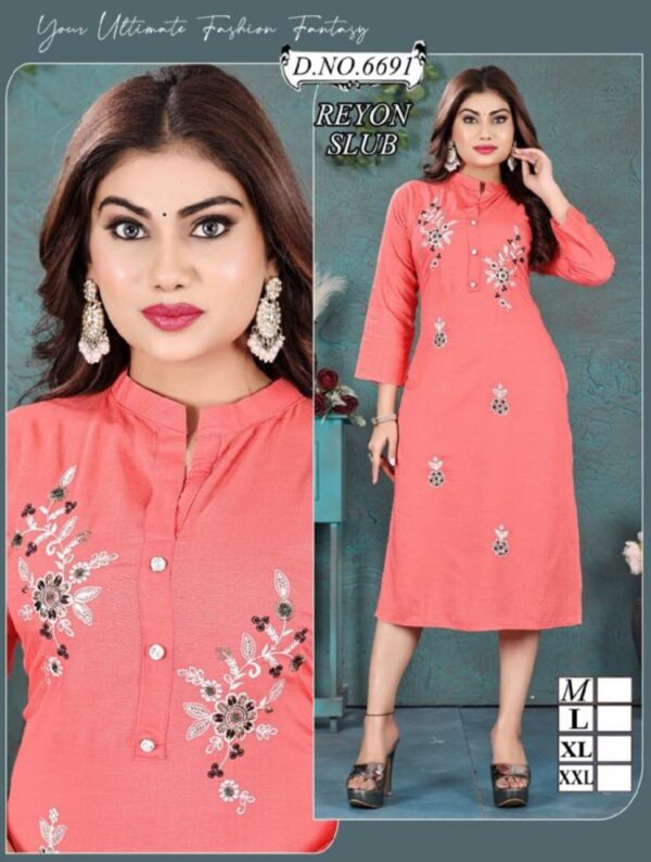 Fancy  Rayon Slub Embroidery  Work Kurtis For Woman